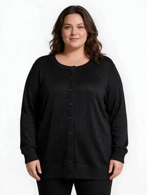 Fenn Wright Manson Sparkle Metallic Silver Button Front Black Cardigan Womens 2X